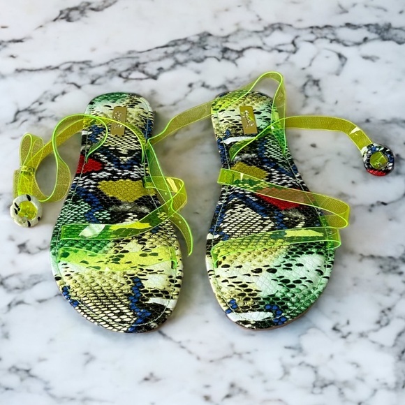 Multi snake neon strappy ankle wrap tie bright slide sandals - Picture 5 of 7